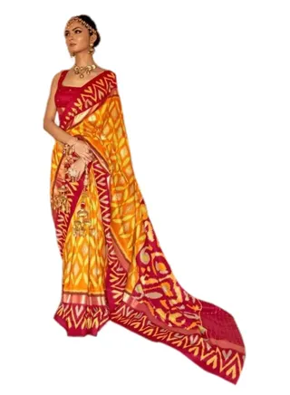 Yellow Red with golden weaving Border Cotton Silk saree Plus unstitched Blouse 