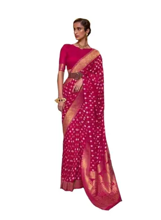 Silk Pink Saree With Golden weaving border and small design all over plus unstitched blouse 