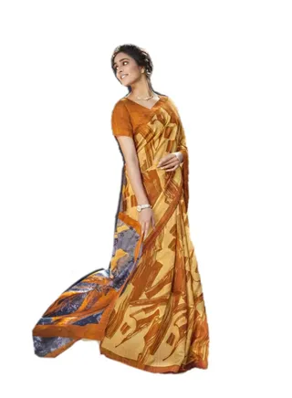 Cotton Khadi Printed Beige Silk Saree Having Brown Print With Unstitched Blouse 