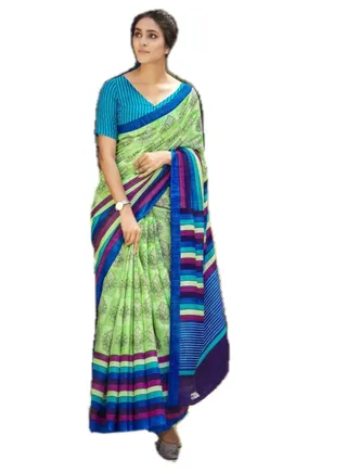 Cotton Khadi Printed Green Silk Saree With Flower And Multicolour Stripes Border With Unstitched Blouse 