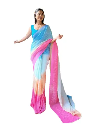 Multicolour Pleated Fabric Saree With Sequence Work Plus Unstitched Blouse 