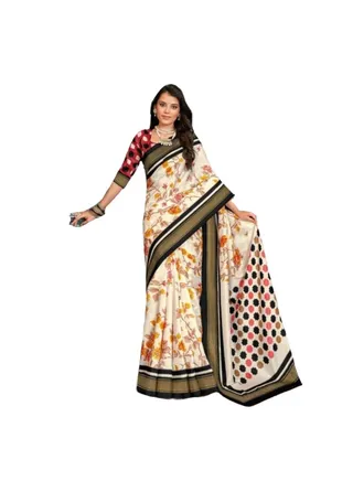 Kathi Silk Floral Print Saree With Black Border And Red Unstitched Blouse 