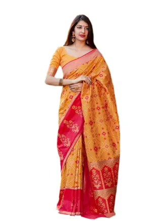 Banaras silk Yellow pink Combination saree with unstitched blouse 