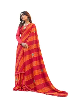 Georgette red And Orange Beautiful Printed Saree With Unstitched Blouse 