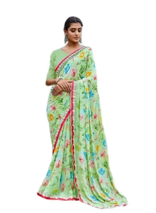 Pista Green Base With Pink Flowers Print And Lace All Over Plus Unstitched Blouse 