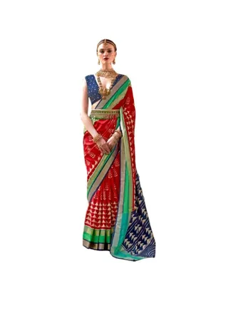 Red Blue Patola Silk Saree With Green Border And Unstitched Contrast Blue blouse 