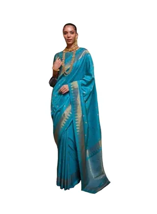 Traditional Silk Turquoise Blue Saree With Golden Design And Border Plus Unstitched Blouse 