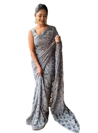 Georgette Silver Grey Colour Saree With Sequence Work Plus Unstitched Blouse 