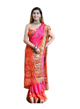 Pink and Orange Bandhani print silk saree With copper border Plus unstitched blouse 