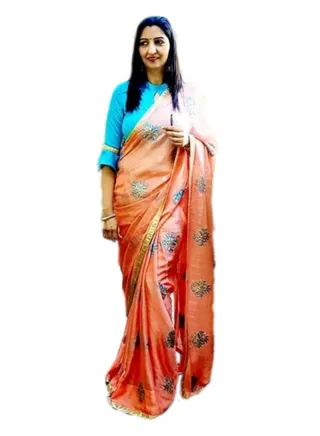 Peach Color Chinon Silk Saree with Turquoise Blue Flower Embroidery All Over And Satin Blue Unstitched Blouse 