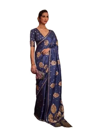 Blue Satin Silk Saree With Weaving Design Plus unstitched blouse 