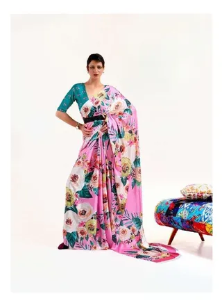 Pink Satin Floral Print Saree with Contrast Green Colour Unstitched Blouse 