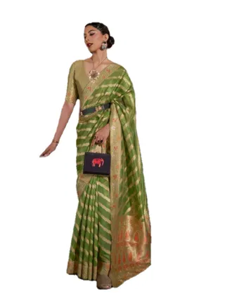 Organza Silk Green Saree With Golden Weaving Border And Pattern Design All Over Plus Unstitched Blouse 