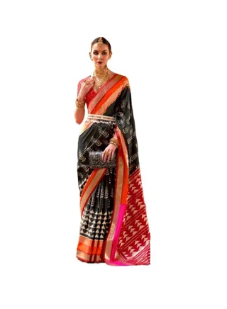 Black Patola Print Saree With Red And Orange Border Design Plus Contrast Unstitched Blouse. 
