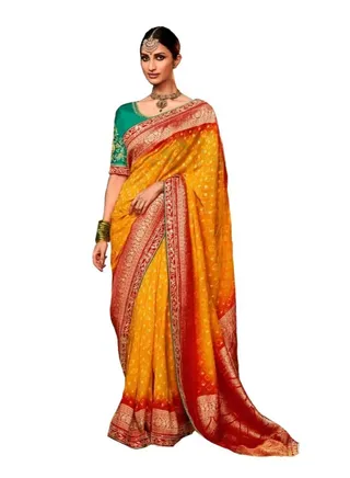 Yellow Bandhani Print Georgette Silk Saree Having Red lace all over the weaving border With Green heavy work Unstitched Blouse 