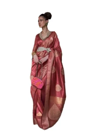 Red Khadi Silk Golden Weaving Design On Saree And Pallu With Unstitched Blouse 