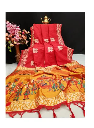 Trendy Stylish Linen Silk Red saree with Weaving Border And Design Plus Unstitched blouse 