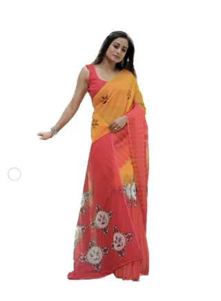 Yellow Cotton Saree With Red Printed Border And Traditional Print On Pallu With Unstitched Blouse 