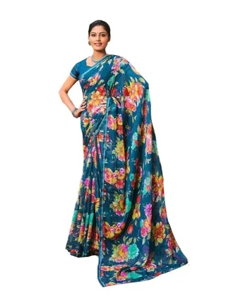 Turquoise Blue Floral Chiffon Saree With Golden Zari Plus Unstitched Blouse 