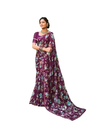 Beautiful Wine Colour Chiffon Blue Floral Print Saree With Piping Finish Plus unstitched Blouse 