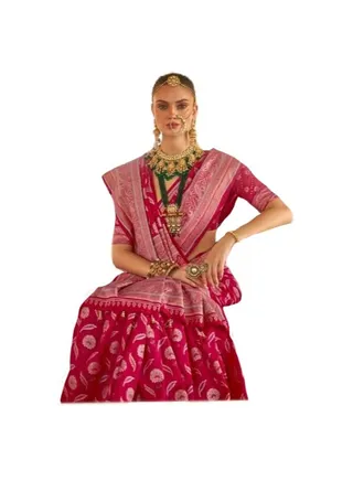 Pink Soft Silk Saree With Floral Print Golden Traditional Border And Unstitched Blouse 