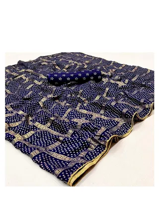 Silk Gharchola Foil Print Navy Blue Saree With Golden Lace Plus Unstitched Saree 