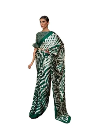 Trendy Satin White Base Green Digital Print Saree With Contrast Color Unstitched Blouse. 