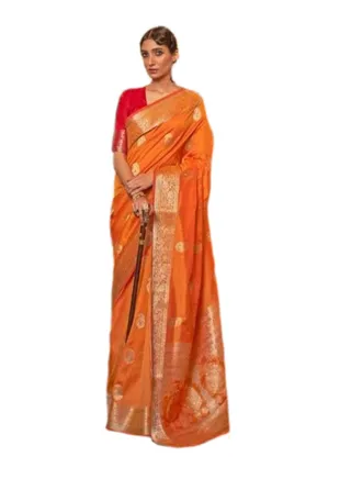 Beautiful Orange Silk Saree With Golden Weaving Design Plus Contrast Unstitched Blouse 