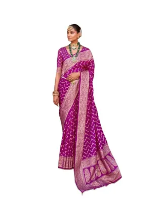 Purple Banaras Golden Foil Design Saree With Traditional Border Plus Unstitched Blouse. 