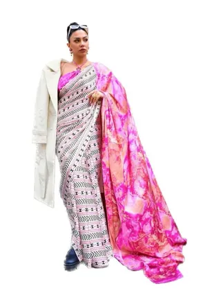 Satin Silk Pink Printed Saree With Contrast Unstitched Blouse 