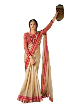 Trendy Style Chiffon Gold Colour Saree With Traditional Pink Border And Unstitched Blouse 