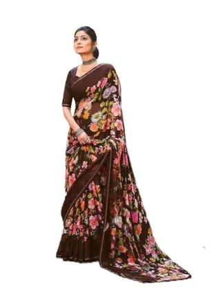 Beautiful Coffee Brown Chiffon Floral Print Saree With Piping Finish Plus unstitched Blouse 