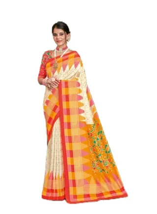 Kathi Silk Chex Saree With Yellow Red Border And Unstitched Blouse 