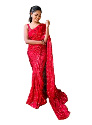 Georgette Saree Red Sequence Work Plus Unstitched Blouse 