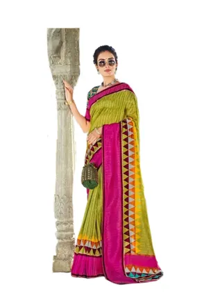 Gadhwal silk Green colour saree with Pink border and unstitched blouse 