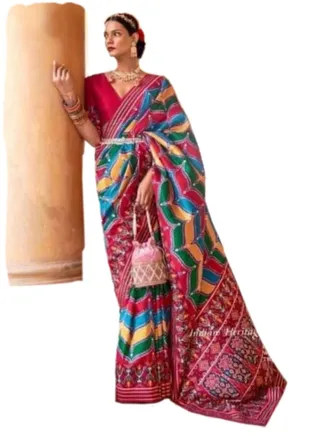 Multicolor print Cotton silk patola print saree with red border and unstitched blouse 