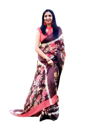 Coffee Brown Linen Saree with Floral Print and Satin border Plus Unstitched Blouse 