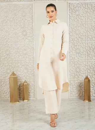 Curved Hem Longline Shirt and Wide Leg Pant Set 