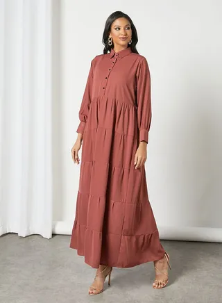 Solid Pattern Maxi Modest Shirt Dress Dark Carrot 