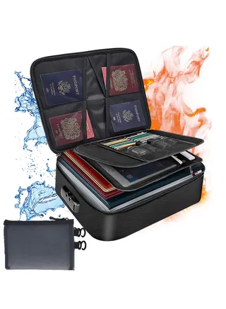 Document Bag with Lock, 3-Layer Fireproof File Document Storage Bag with Water-Resistant Zipper & Document, Portable Travel Home Document Organizers for Laptop Files Certificates, Black 