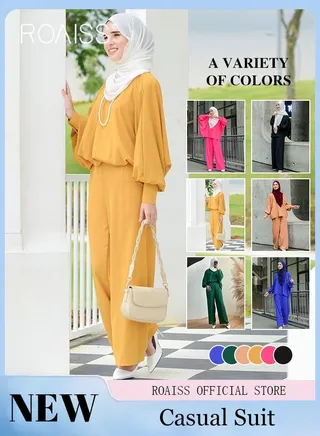 2Pcs Women's Casual Set Long-Sleeved Top + Pants of The Same Color Malay Indonesia Style Loose Casual Comfortable Clothes Suit 