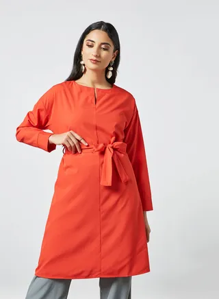 Self-Tie Long Sleeves Modest Tunic Red 