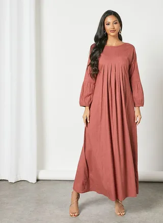 Pleated Trendy Maxi Modest Dress Dark Carrot 