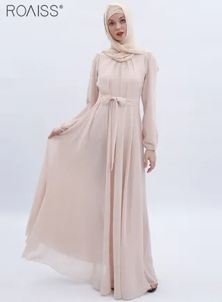 Fashionable Muslim Chiffon Dress Women'S Daily Commuting Solid Color Long Sleeve Belt Tightening Large Skirt Dress Robe 