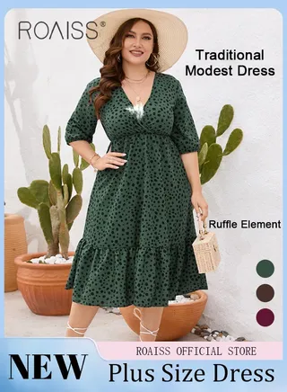 Plus Size Women Floral Print Dress Ruffled V Neck Mid Length Sleeves Traditional Female Attire Loose Fit Fashionable and Versatile Flattering for All Body Types 