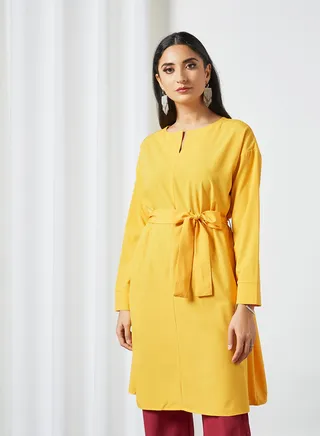 Self-Tie Long Sleeves Modest Tunic Yellow 
