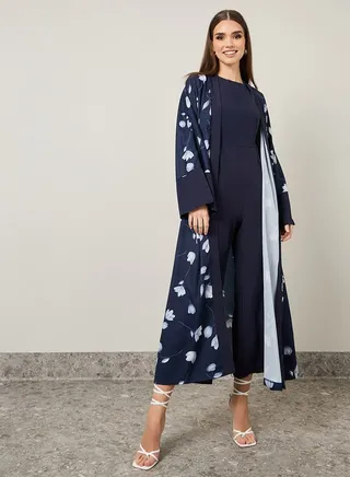 Floral Print Abaya & Jumpsuit Modest Set 