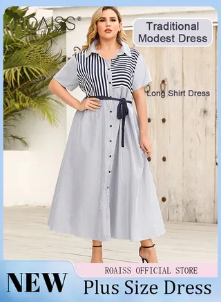 Plus Size Women Striped Shirt Dress Turn Down Collar Waist Tie Mid Length Sleeves Traditional Female Attire Loose Fit Fashionable and Versatile Flattering for All Body Types 