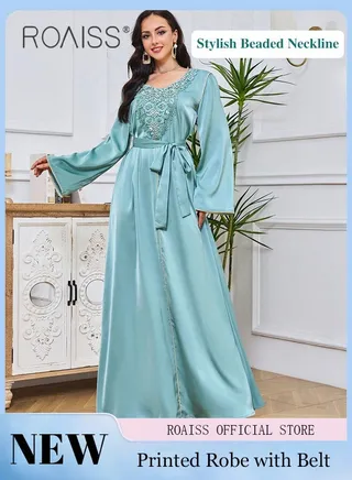 Arabian Muslim Women Fashion Stylish Beaded Maxi Dress with Long Robe 