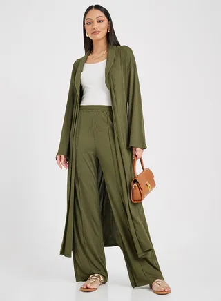 Knit Abaya And Wide Leg Pants Set 